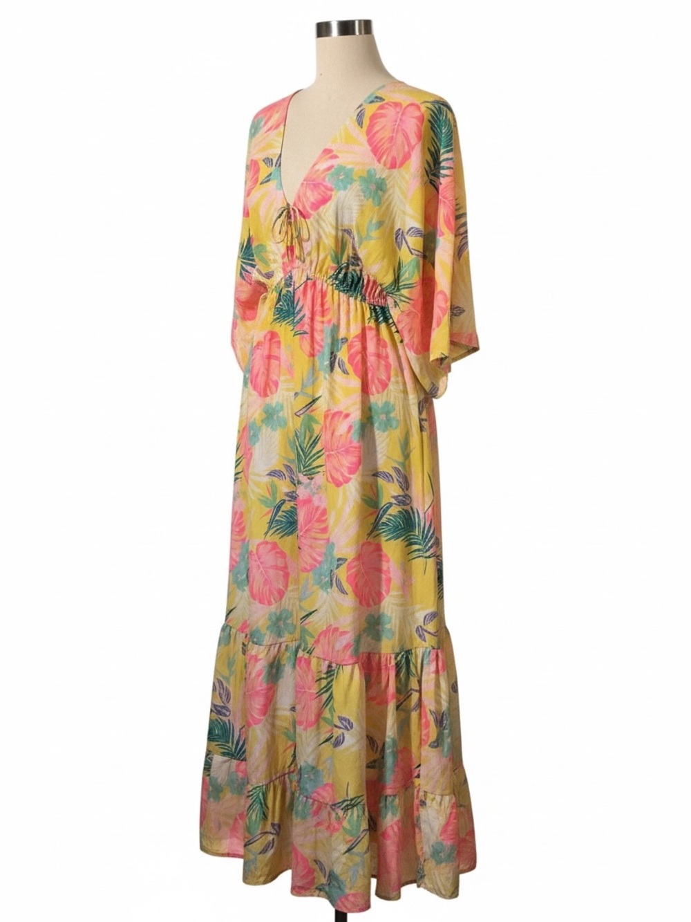 Zury Silk Blend Tropical Print Dress S/M Yellow Floral Boho Resort